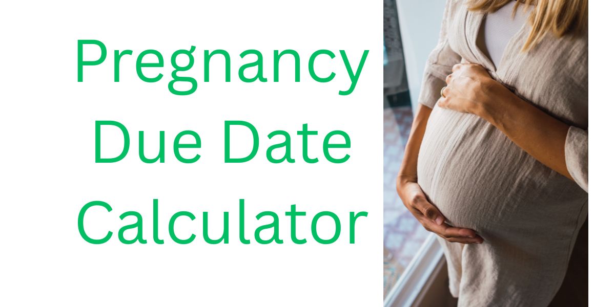 Pregnant woman using due date calculator on laptop with calendar illustration
