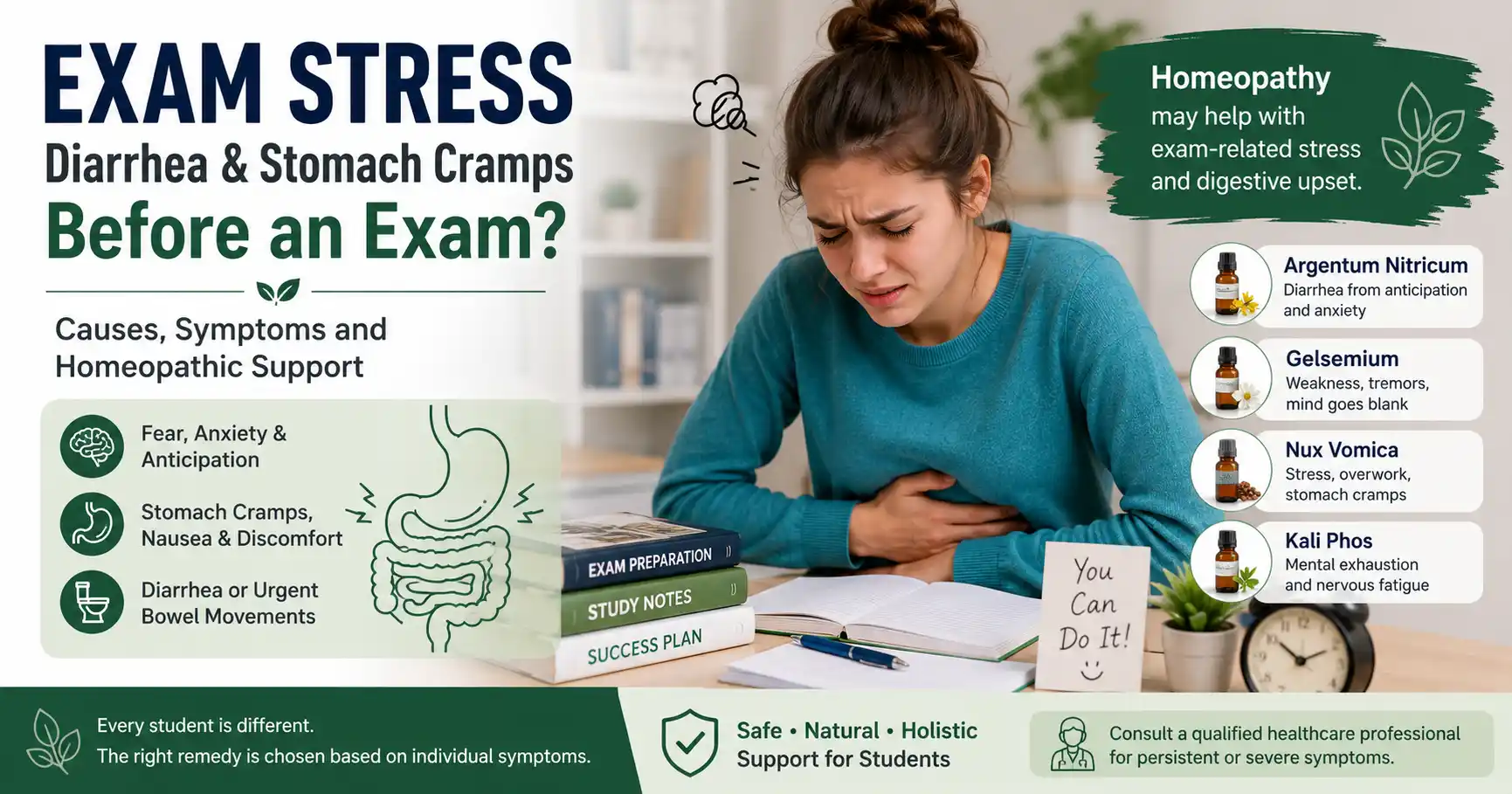 Student with exam stress and stomach cramps before test