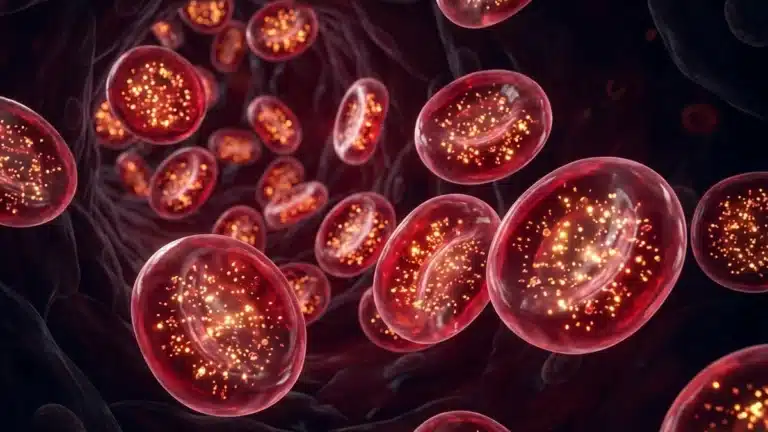 3D microscopic visualization of healthy biconcave red blood cells circulating with glowing oxygen and iron atoms