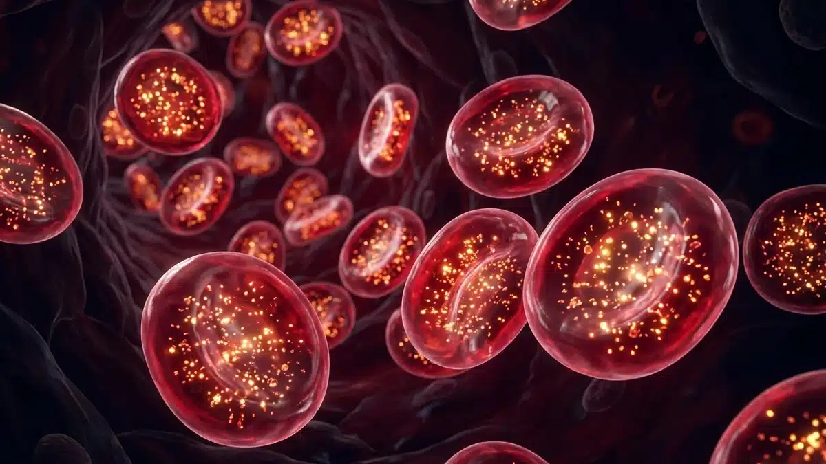 3D microscopic visualization of healthy biconcave red blood cells circulating with glowing oxygen and iron atoms