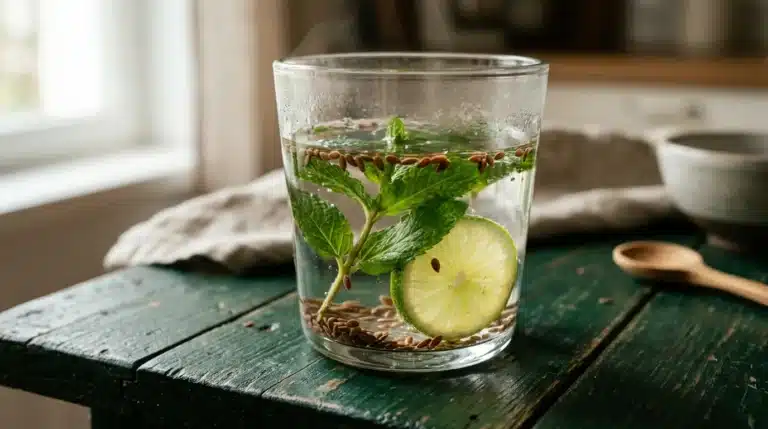 Glass of warm water with mint and flaxseeds for constipation relief