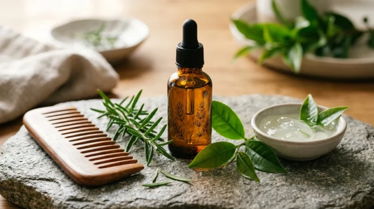 Natural botanical scalp care essentials, herbal oils, and wooden comb for dandruff relief