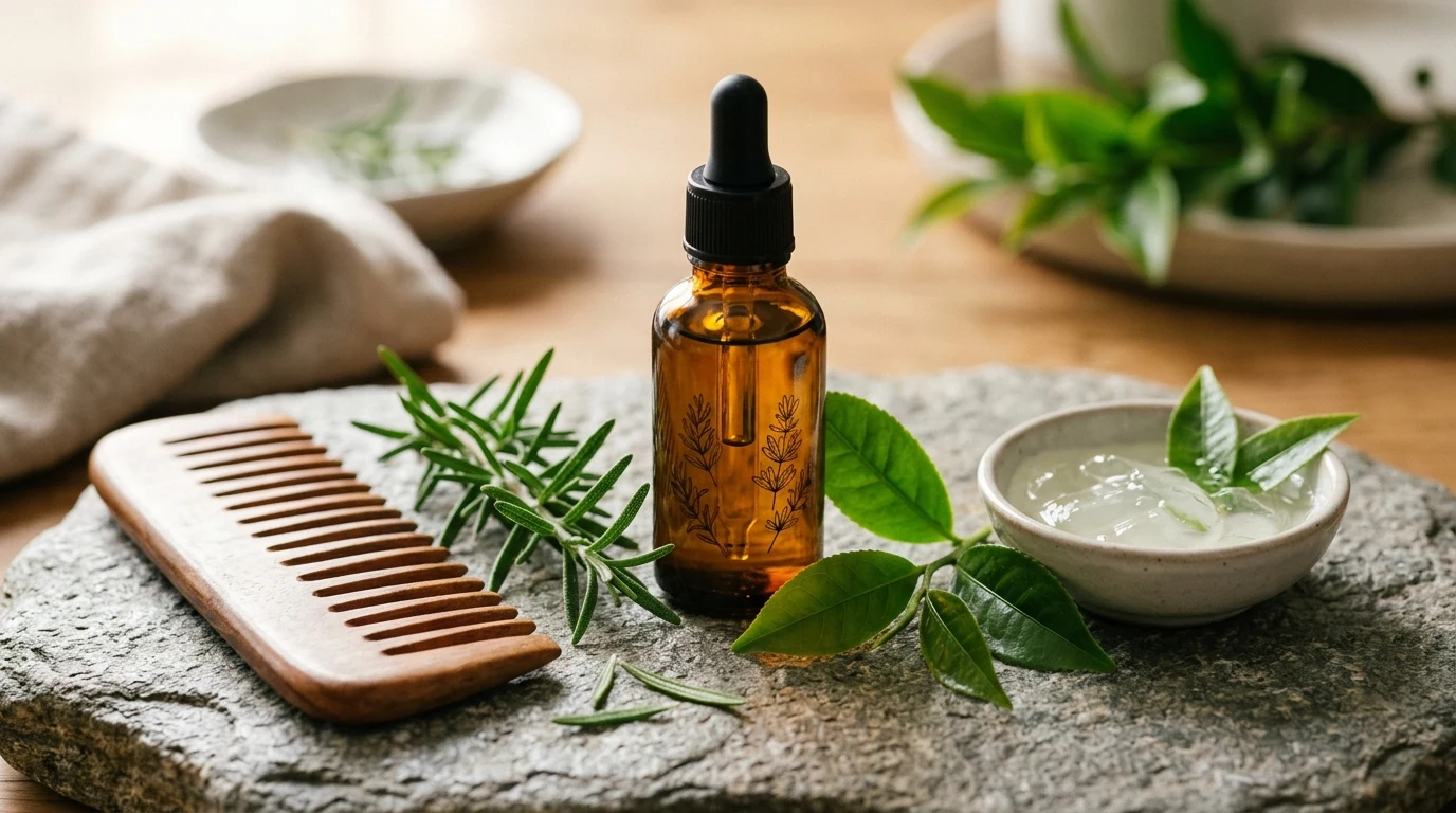 Natural botanical scalp care essentials, herbal oils, and wooden comb for dandruff relief