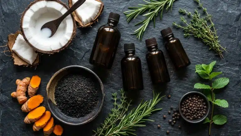 Flat-lay of pure botanical medicine ingredients including turmeric, nigella sativa black seeds, and coconut oil