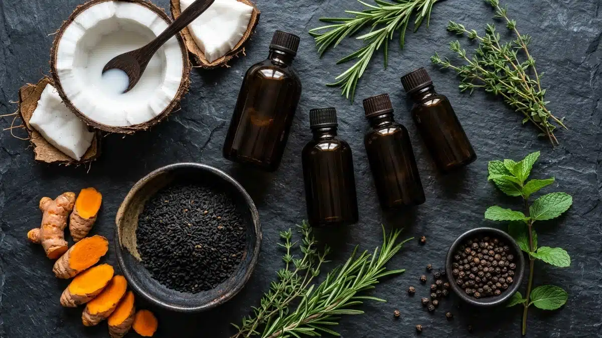 Flat-lay of pure botanical medicine ingredients including turmeric, nigella sativa black seeds, and coconut oil
