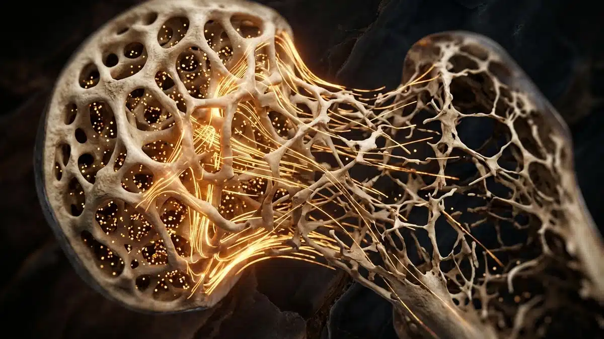 3D anatomical render of human trabecular bone matrix showing porous osteoporotic architecture with glowing amber stress lines