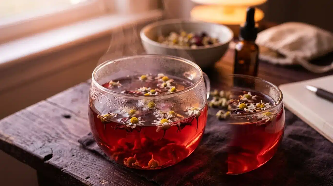 Hibiscus and chamomile tea for hormonal balance and PMS relief